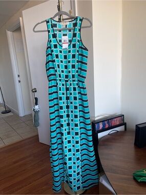 Michael Kors: Sleeveless Teal and Black Geometric Maxi Dress